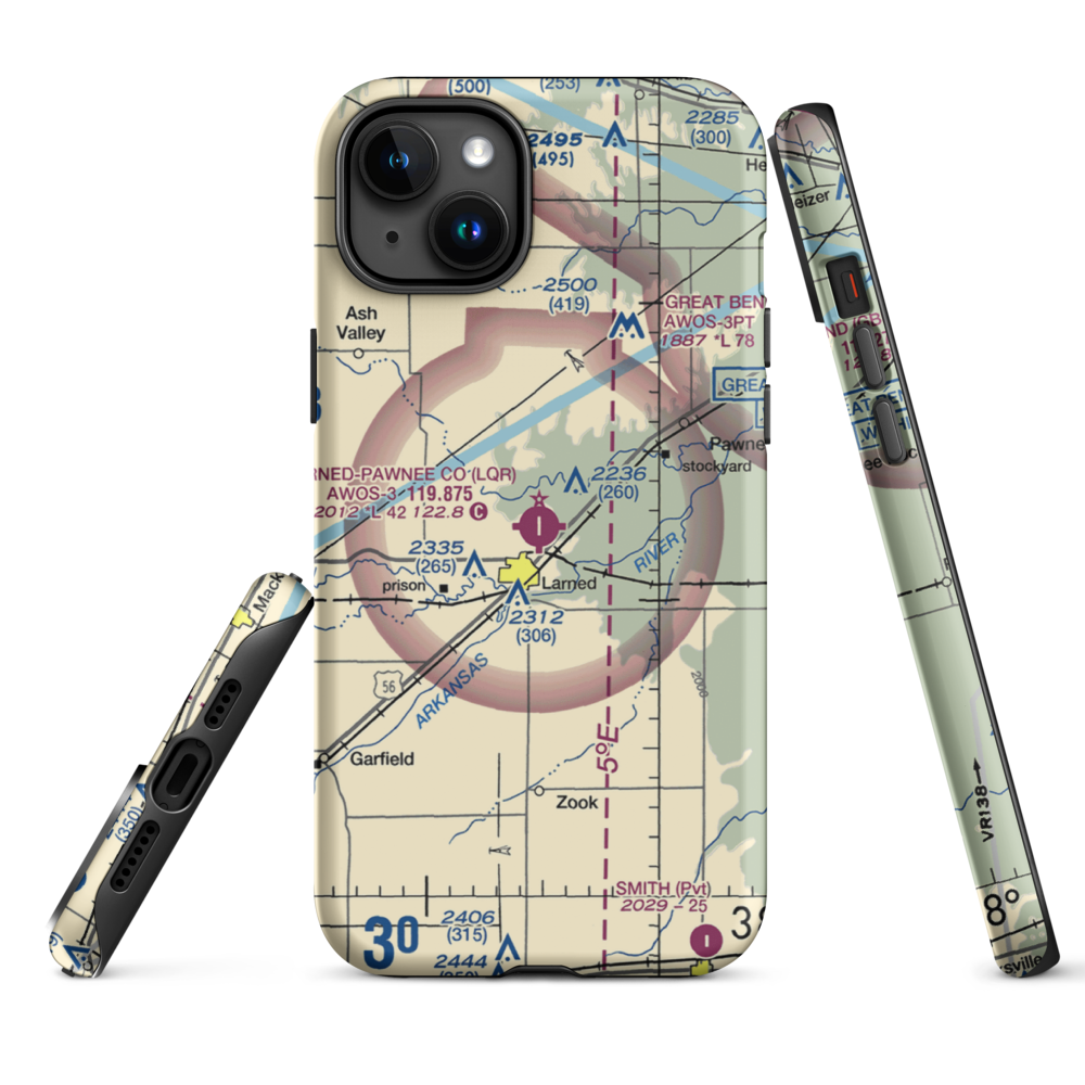 Larned Pawnee County Airport (LQR) VFR Sectional  Tough iPhone Case iPhone 15 Plus model shown
