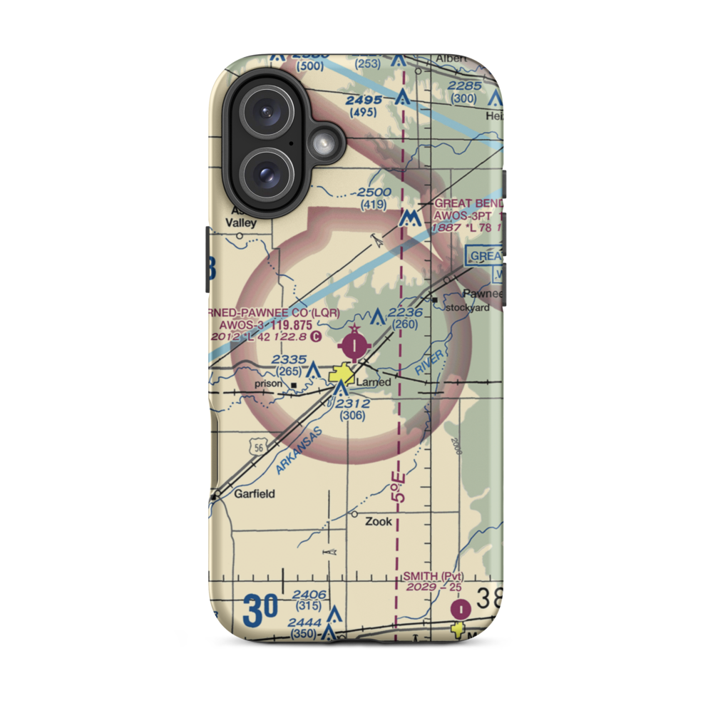 Larned Pawnee County Airport (LQR) VFR Sectional  Tough iPhone Case iPhone 16 Plus model shown
