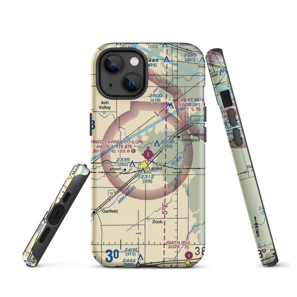 Larned Pawnee County Airport (LQR) VFR Sectional  Tough iPhone Case iPhone 13 model shown