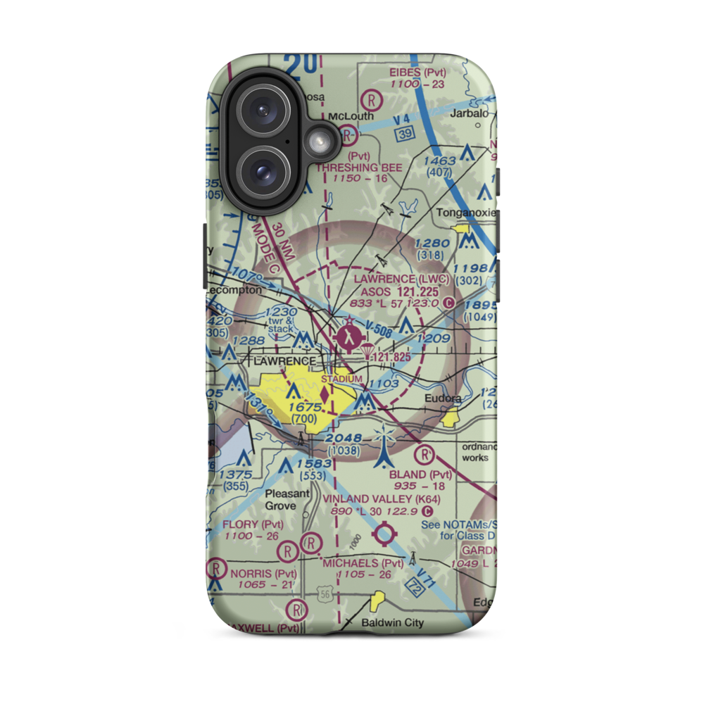 Lawrence Municipal Airport (LWC) VFR Sectional  Tough iPhone Case iPhone 16 Plus model shown