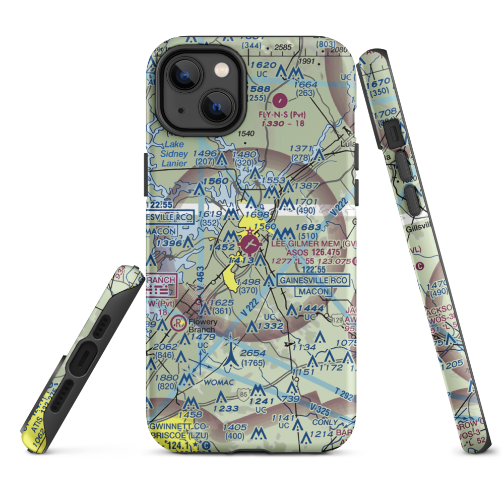 Lee Gilmer Memorial Airport (GVL) VFR Sectional  Tough iPhone Case iPhone 14 Plus model shown