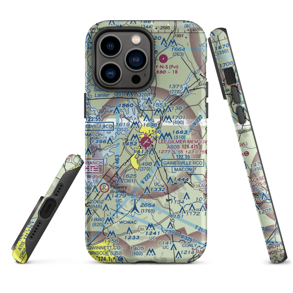 Lee Gilmer Memorial Airport (GVL) VFR Sectional  Tough iPhone Case iPhone 14 Pro Max model shown