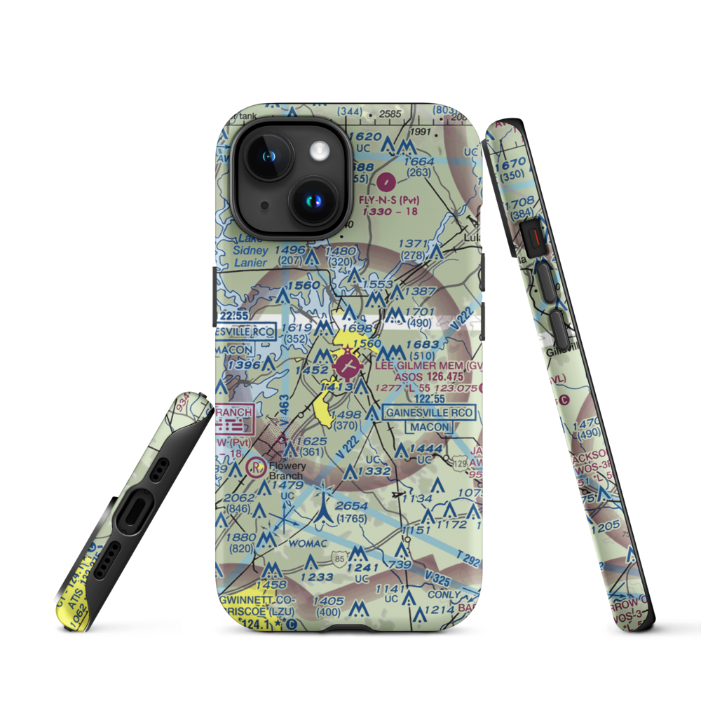 Lee Gilmer Memorial Airport (GVL) VFR Sectional  Tough iPhone Case iPhone 15 model shown