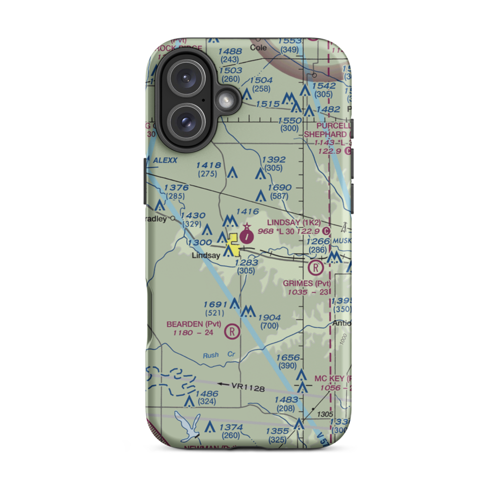 Lindsay Municipal Airport (1K2) VFR Sectional  Tough iPhone Case iPhone 16 Plus model shown