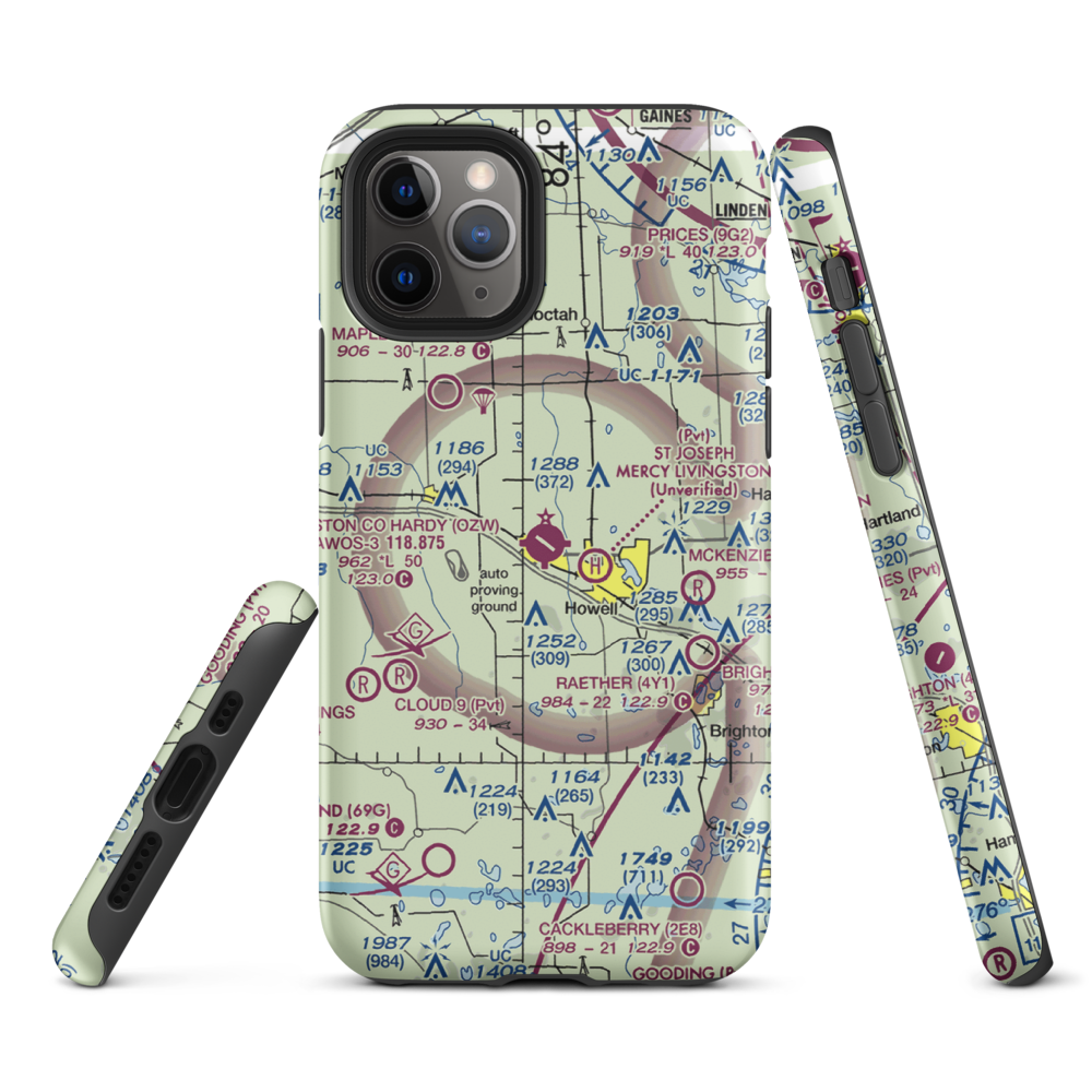Livingston County Spencer J. Hardy Airport (OZW) VFR Sectional  Tough iPhone Case iPhone 11 Pro model shown