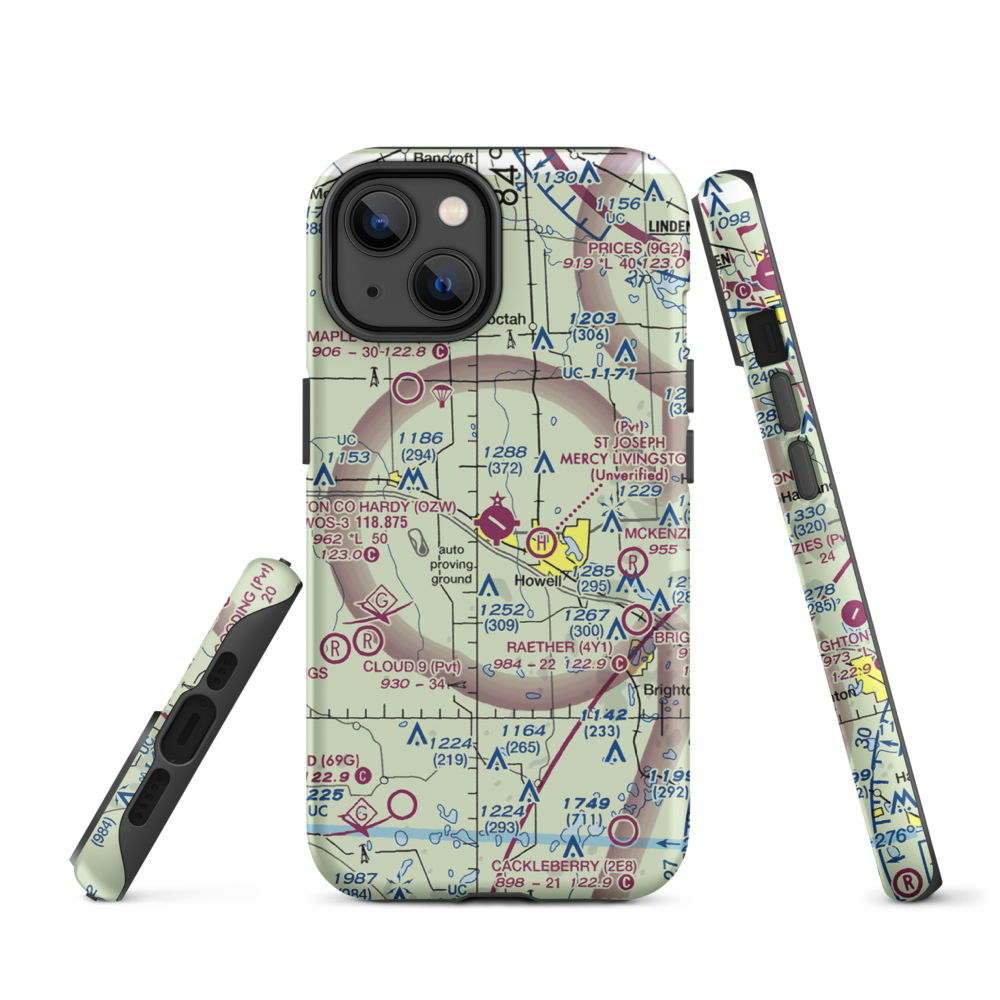 Livingston County Spencer J. Hardy Airport (OZW) VFR Sectional  Tough iPhone Case iPhone 14 model shown