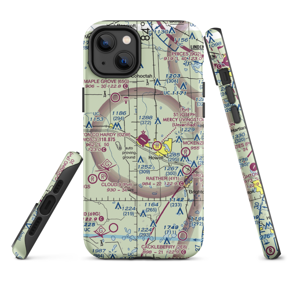 Livingston County Spencer J. Hardy Airport (OZW) VFR Sectional  Tough iPhone Case iPhone 14 Plus model shown