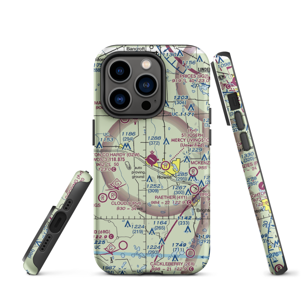 Livingston County Spencer J. Hardy Airport (OZW) VFR Sectional  Tough iPhone Case iPhone 14 Pro model shown
