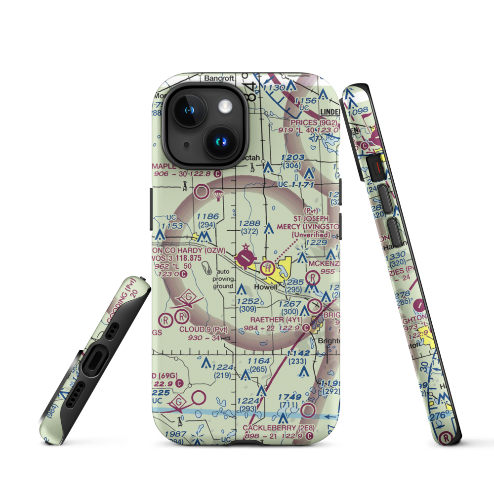Livingston County Spencer J. Hardy Airport (OZW) VFR Sectional  Tough iPhone Case iPhone 15 model shown