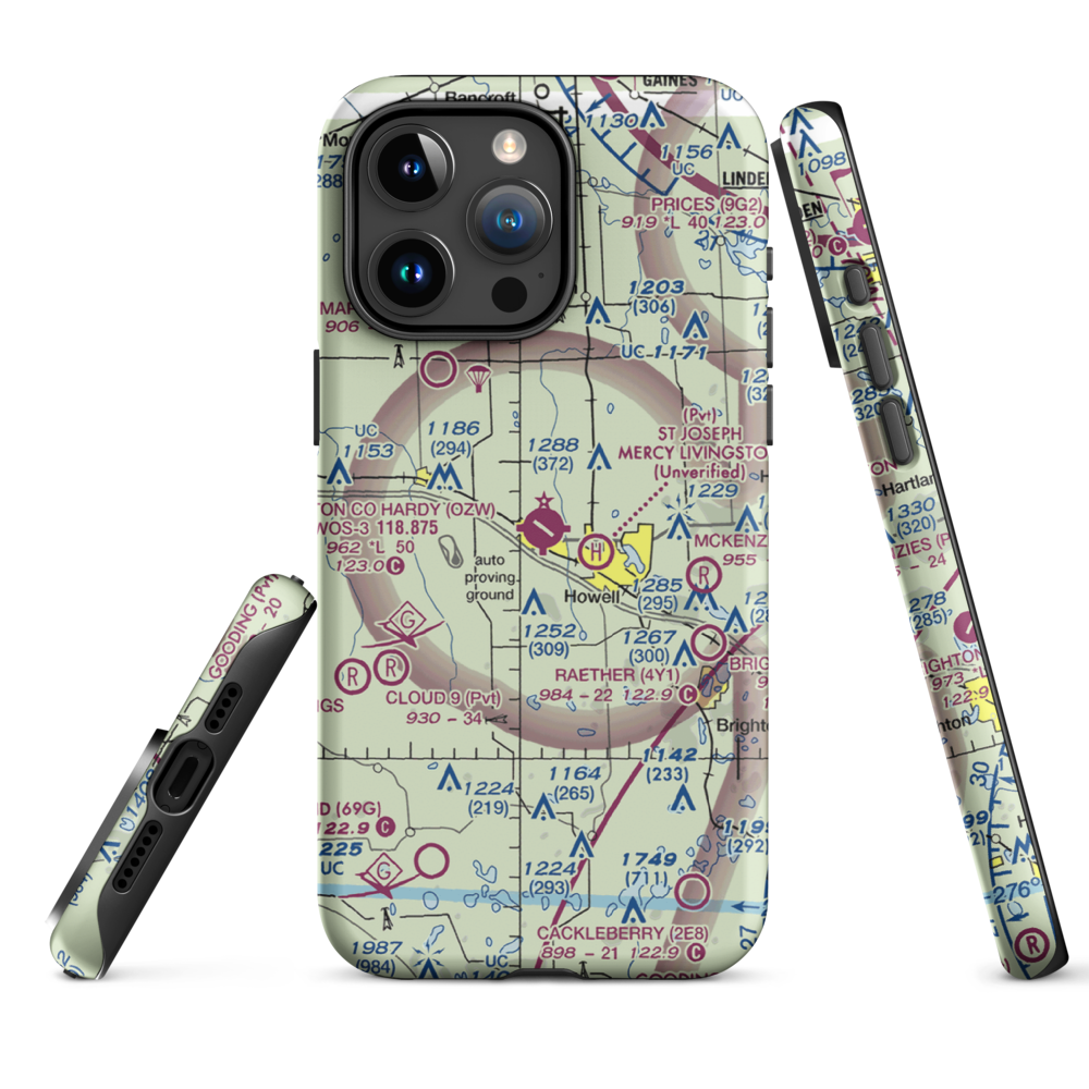 Livingston County Spencer J. Hardy Airport (OZW) VFR Sectional  Tough iPhone Case iPhone 15 Pro Max model shown