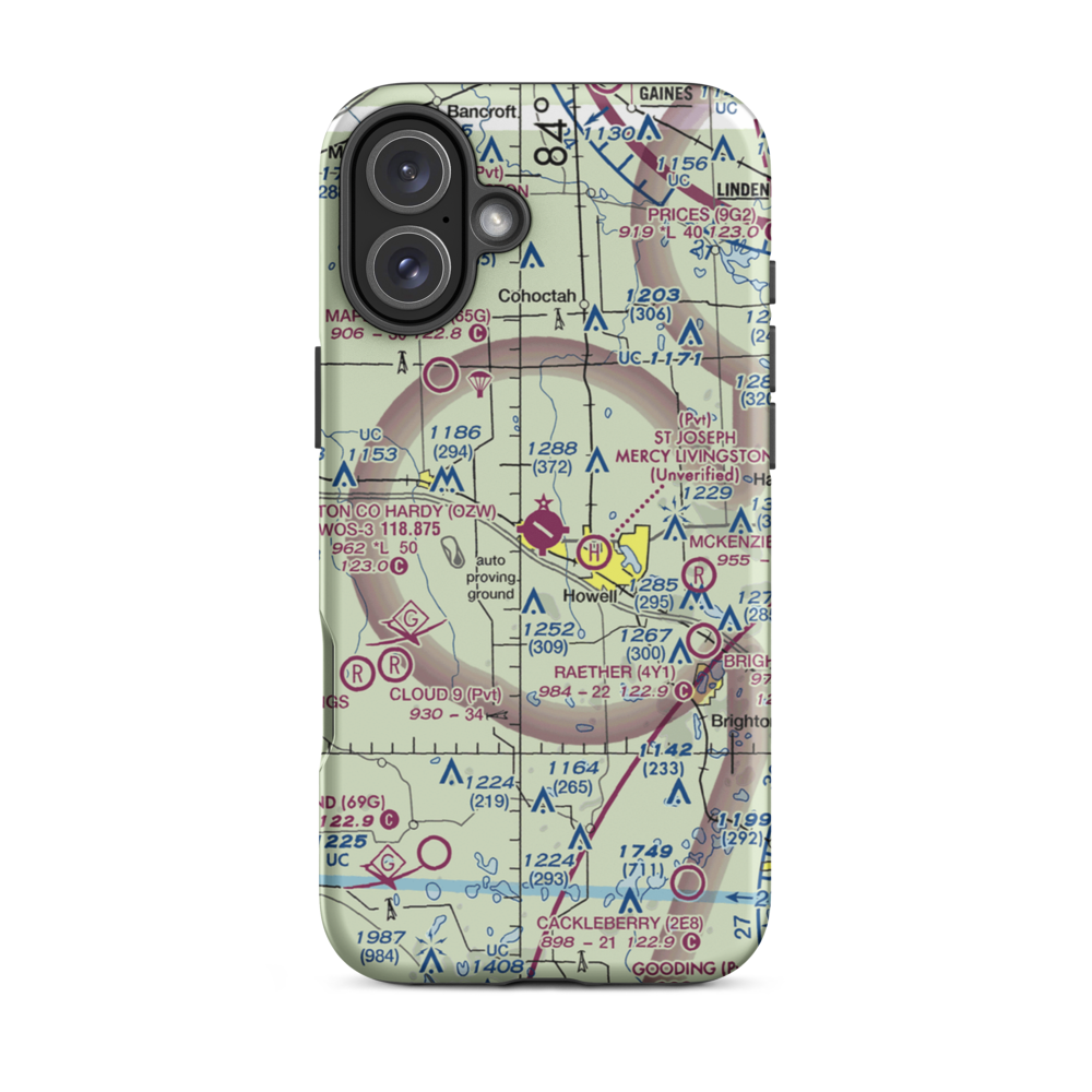 Livingston County Spencer J. Hardy Airport (OZW) VFR Sectional  Tough iPhone Case iPhone 16 Plus model shown