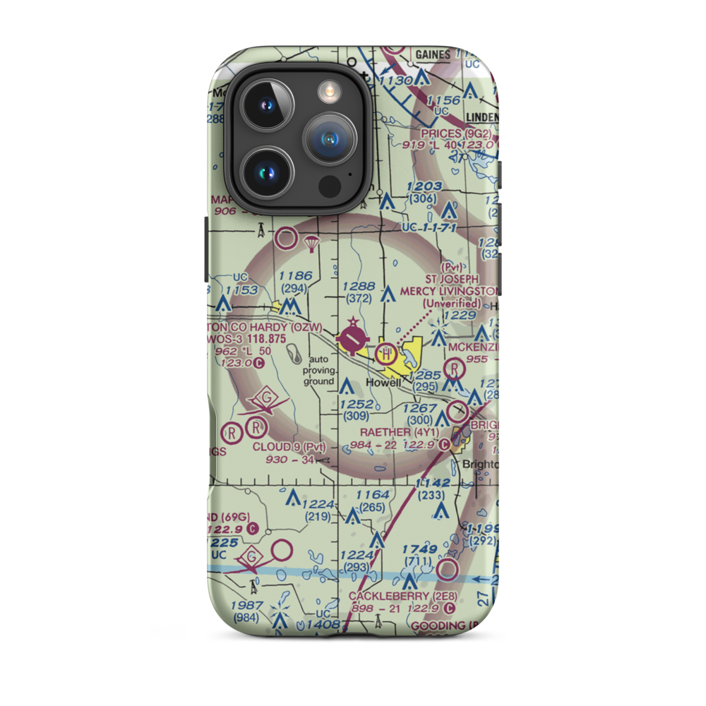 Livingston County Spencer J. Hardy Airport (OZW) VFR Sectional  Tough iPhone Case iPhone 16 Pro Max model shown