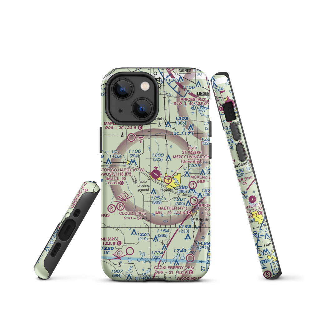 Livingston County Spencer J. Hardy Airport (OZW) VFR Sectional  Tough iPhone Case iPhone 13 mini model shown