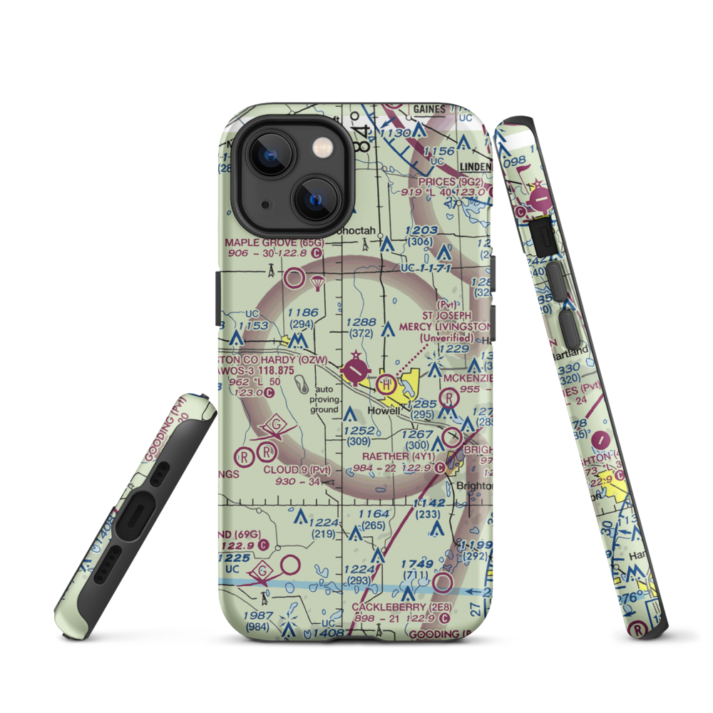 Livingston County Spencer J. Hardy Airport (OZW) VFR Sectional  Tough iPhone Case iPhone 13 model shown