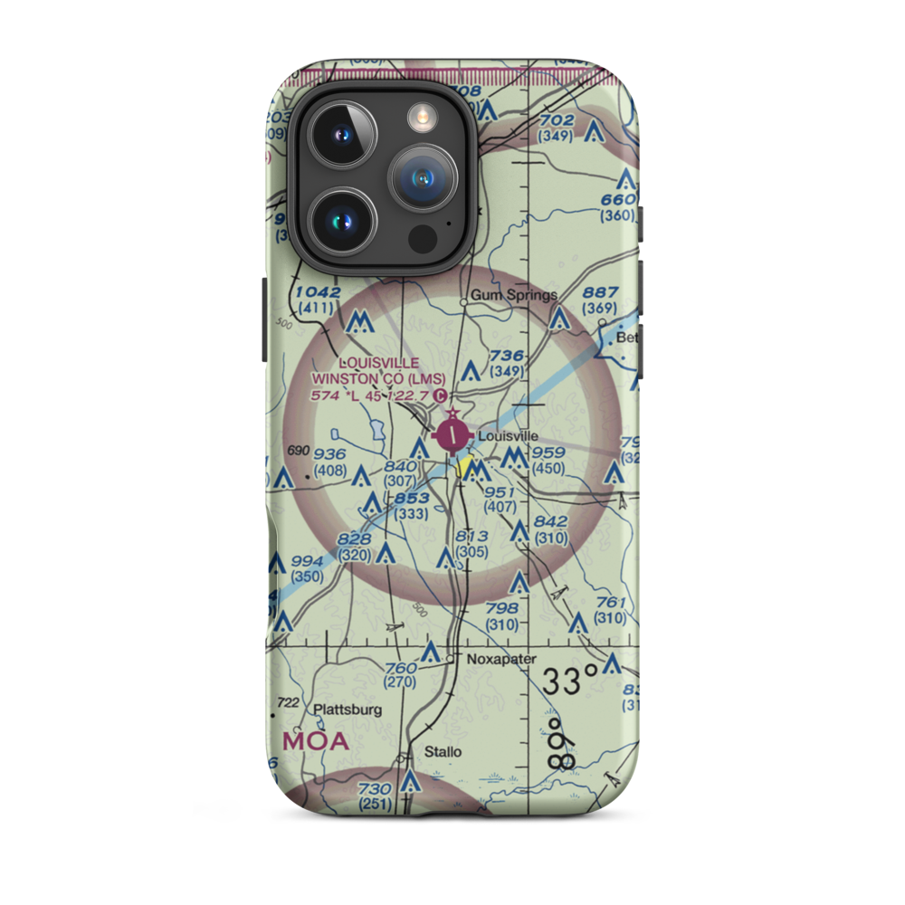 Louisville Winston County Airport (LMS) VFR Sectional  Tough iPhone Case iPhone 16 Pro Max model shown