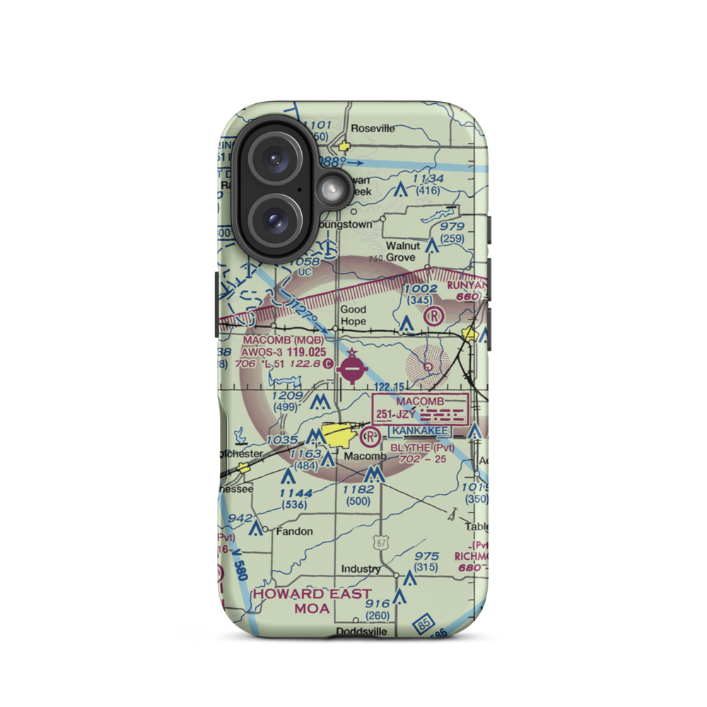 Macomb Municipal Airport (MQB) VFR Sectional  Tough iPhone Case iPhone 16 model shown