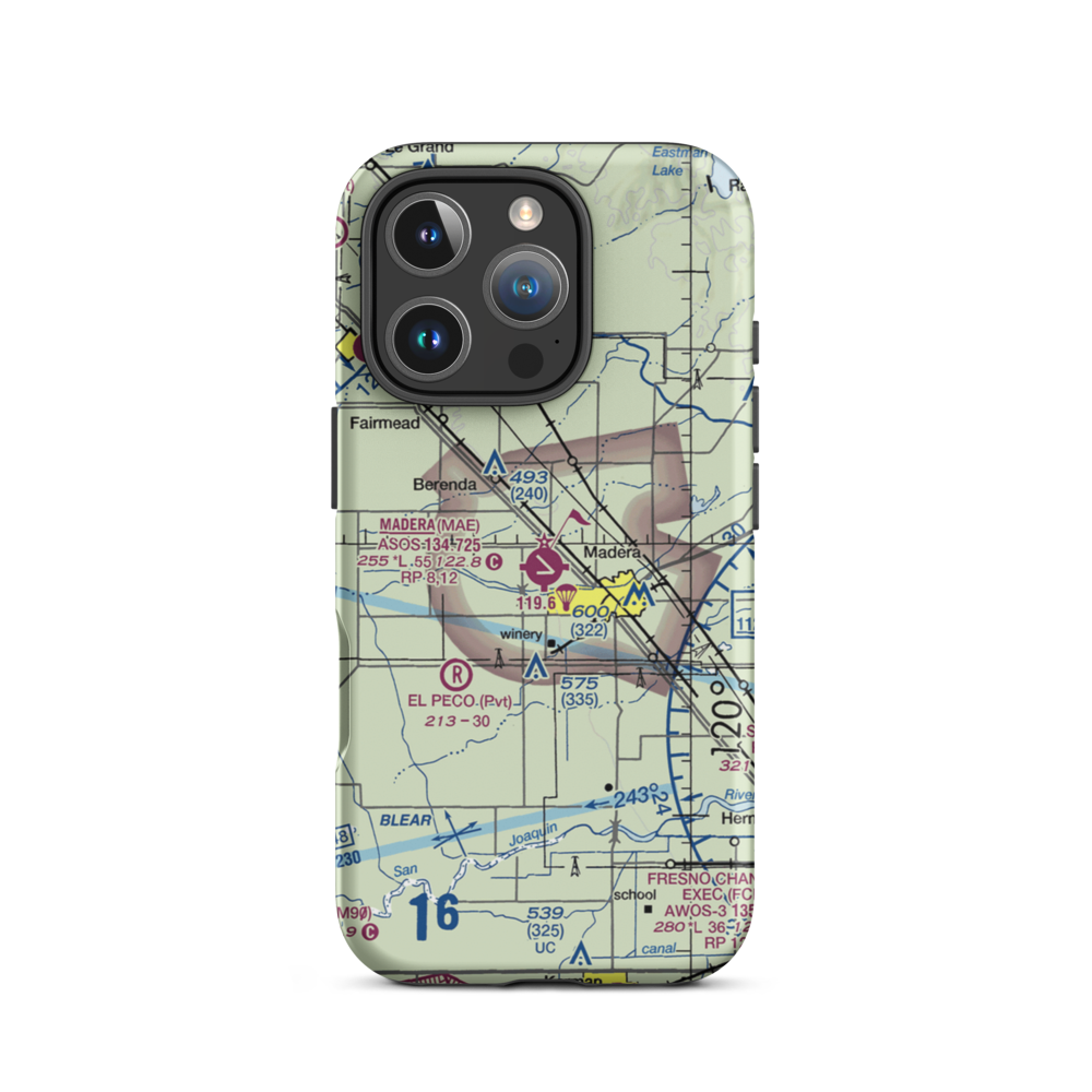 Madera Municipal Airport (MAE) VFR Sectional  Tough iPhone Case iPhone 16 Pro model shown