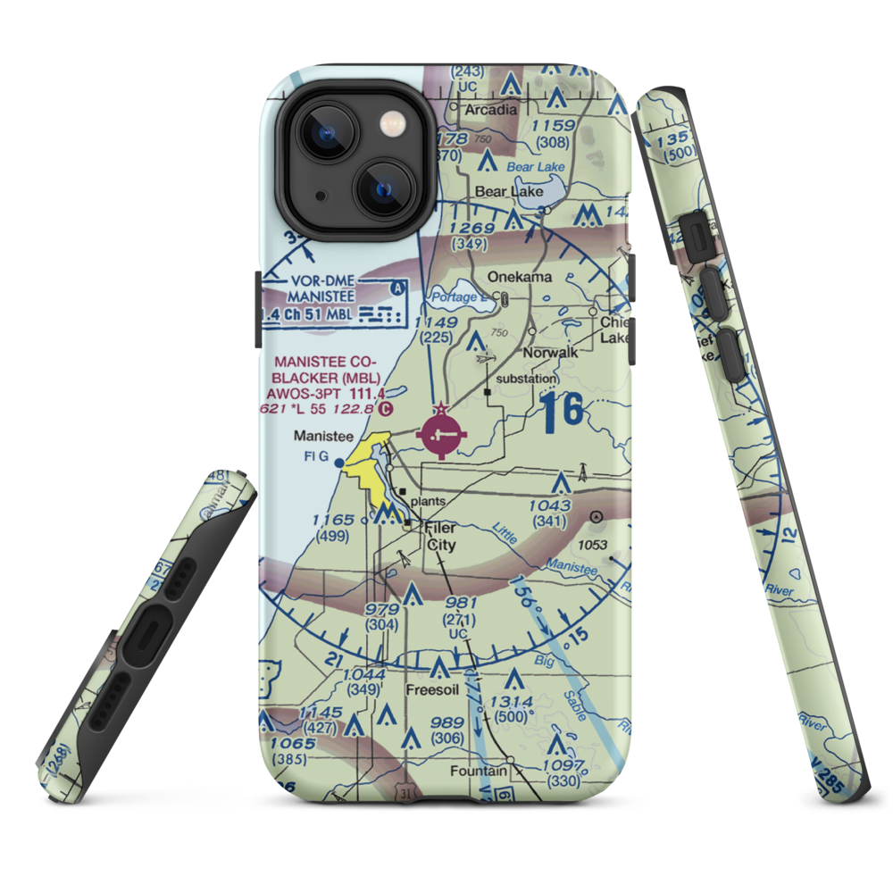 Manistee Co Blacker Airport (MBL) VFR Sectional  Tough iPhone Case iPhone 14 Plus model shown
