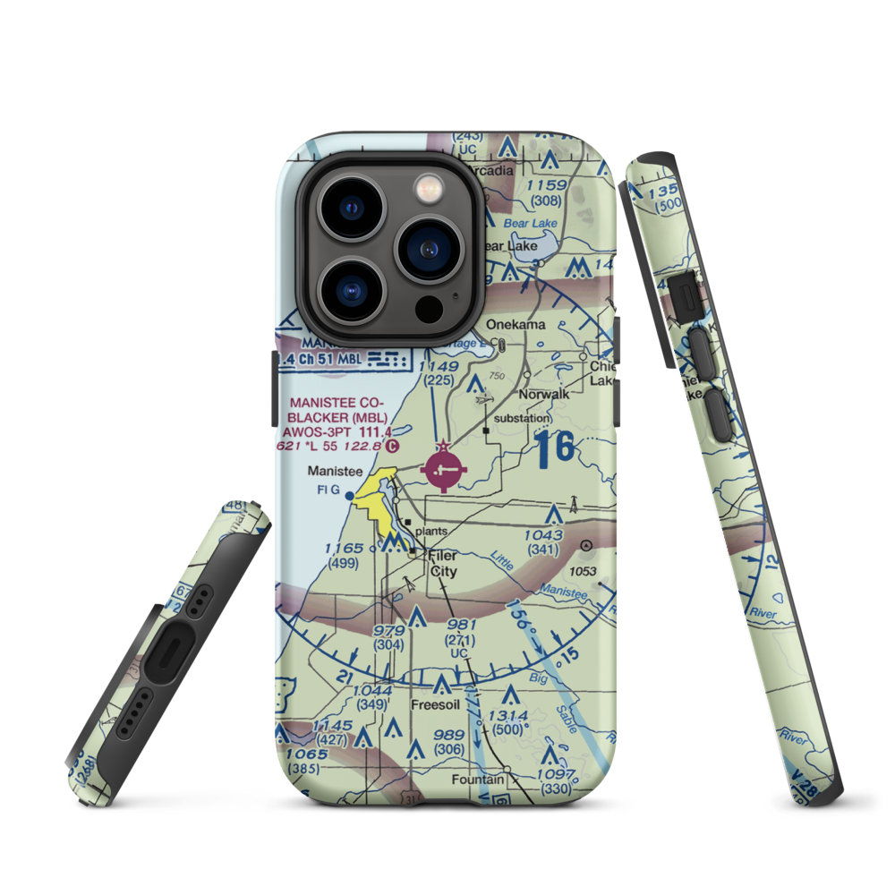 Manistee Co Blacker Airport (MBL) VFR Sectional  Tough iPhone Case iPhone 14 Pro model shown