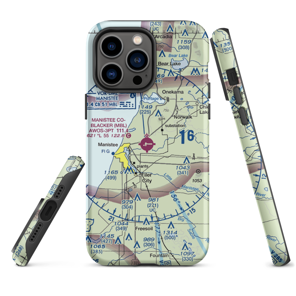 Manistee Co Blacker Airport (MBL) VFR Sectional  Tough iPhone Case iPhone 14 Pro Max model shown