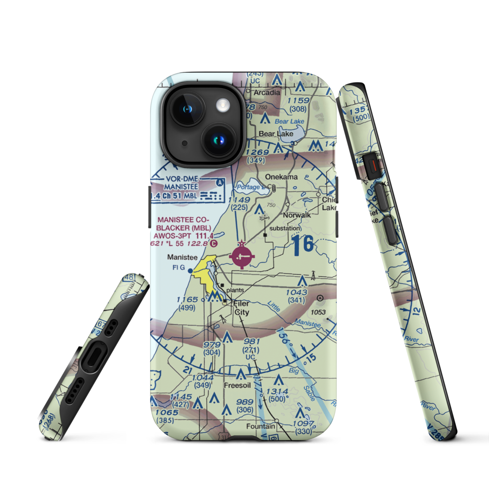 Manistee Co Blacker Airport (MBL) VFR Sectional  Tough iPhone Case iPhone 15 model shown