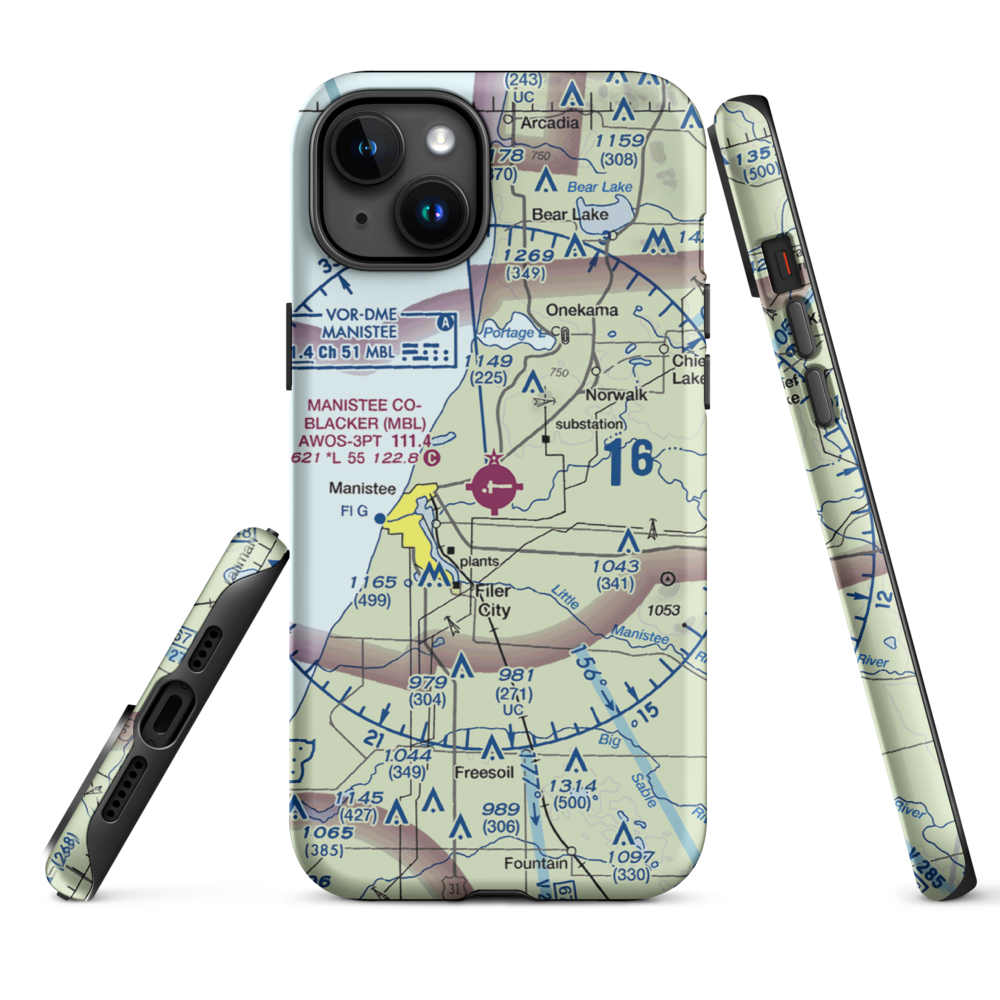 Manistee Co Blacker Airport (MBL) VFR Sectional  Tough iPhone Case iPhone 15 Plus model shown