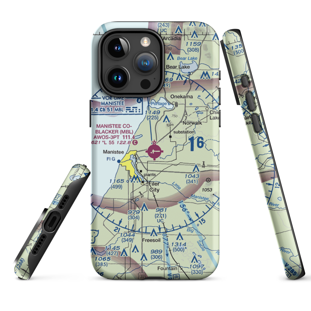 Manistee Co Blacker Airport (MBL) VFR Sectional  Tough iPhone Case iPhone 15 Pro Max model shown