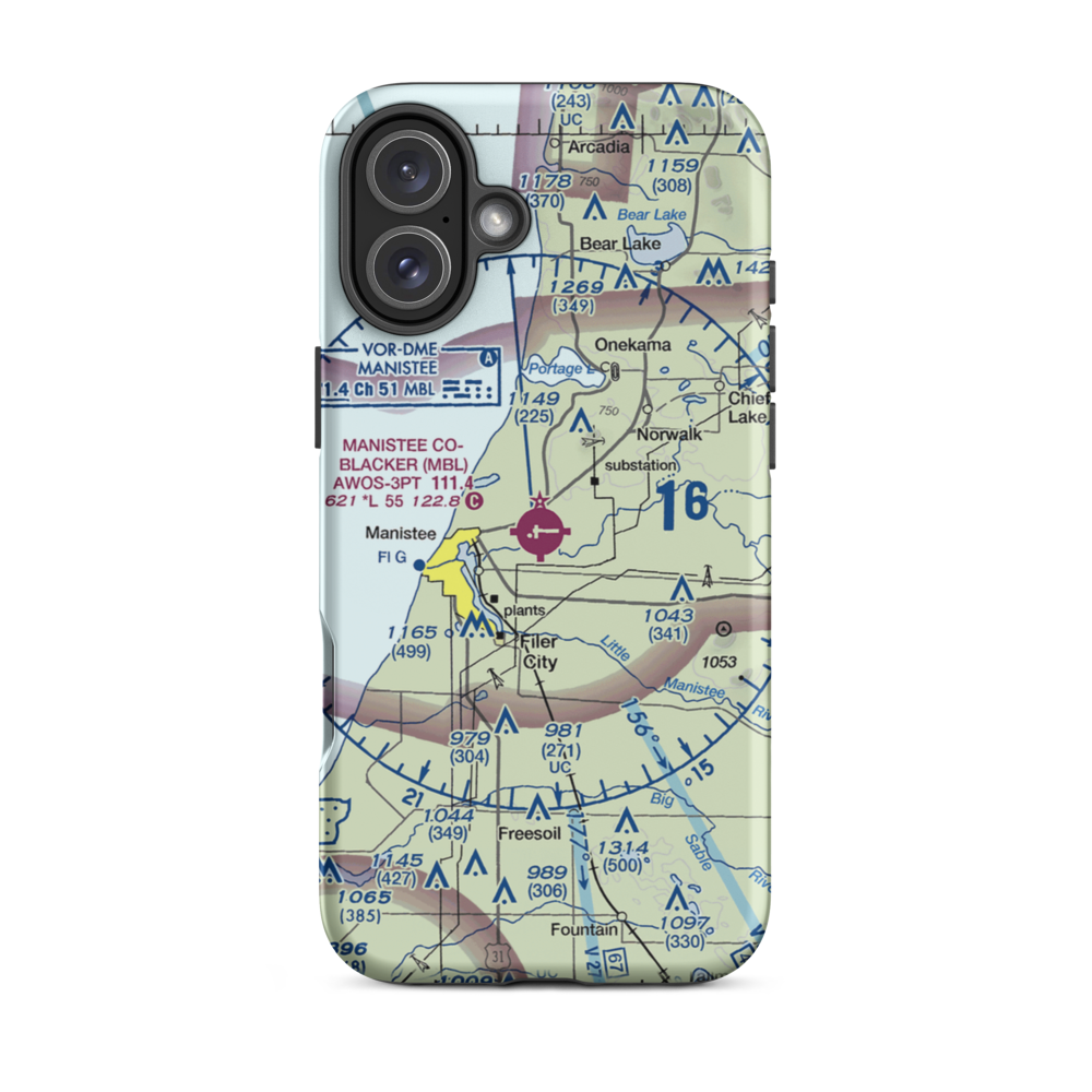 Manistee Co Blacker Airport (MBL) VFR Sectional  Tough iPhone Case iPhone 16 Plus model shown