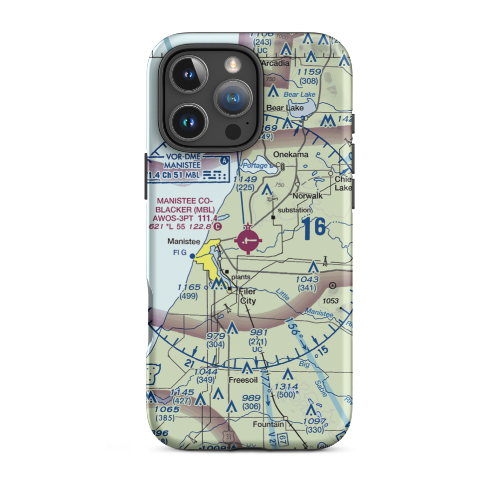 Manistee Co Blacker Airport (MBL) VFR Sectional  Tough iPhone Case iPhone 16 Pro Max model shown