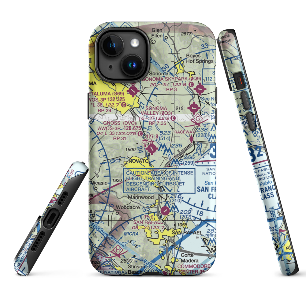 Marin County Airport - Gnoss Field (DVO) VFR Sectional  Tough iPhone Case iPhone 15 Plus model shown