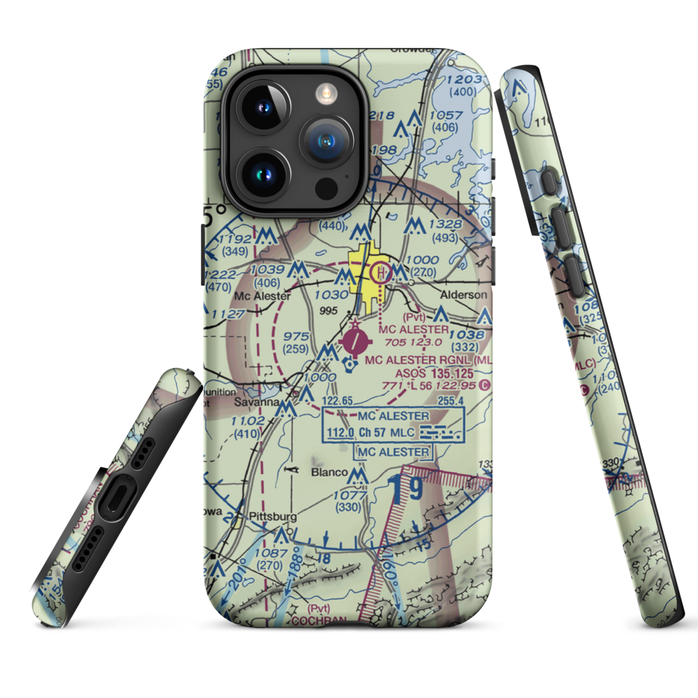Mc Alester Regional Airport (MLC) VFR Sectional  Tough iPhone Case iPhone 15 Pro Max model shown