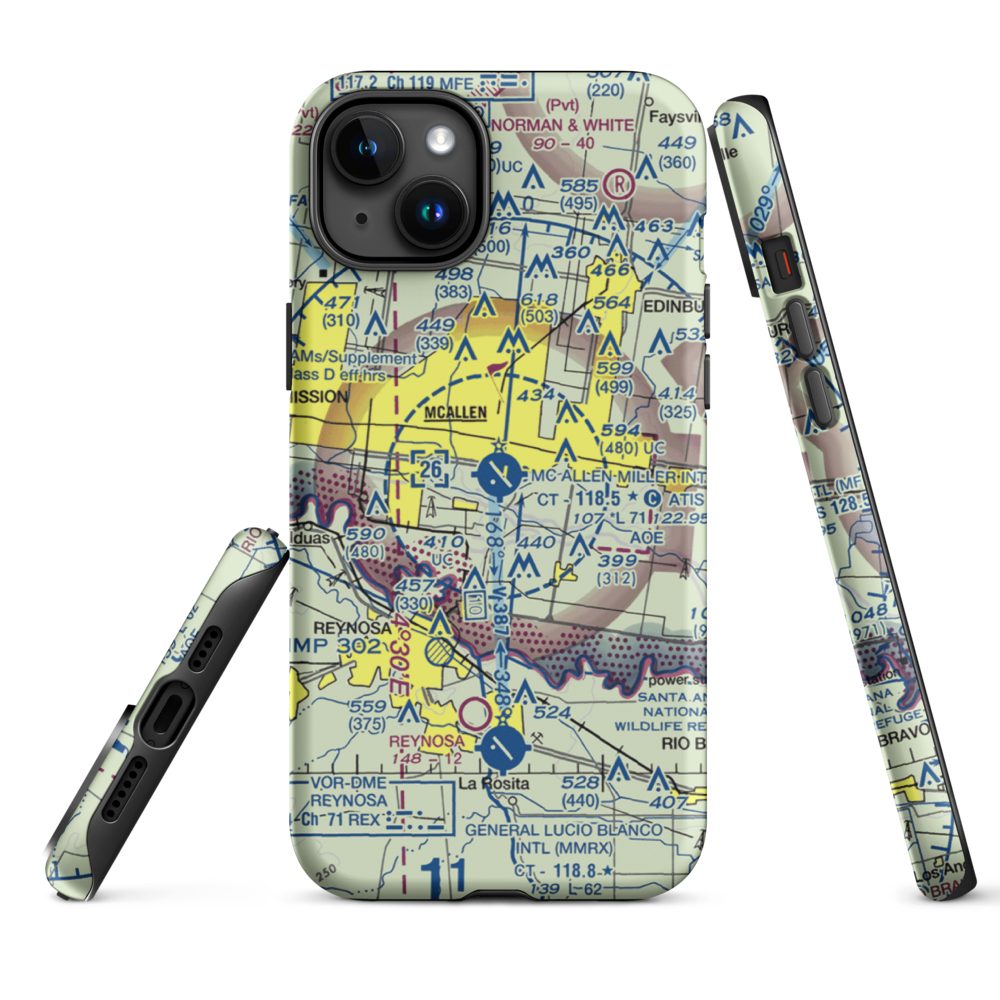 Mc Allen Miller International Airport (MFE) VFR Sectional  Tough iPhone Case iPhone 15 Plus model shown