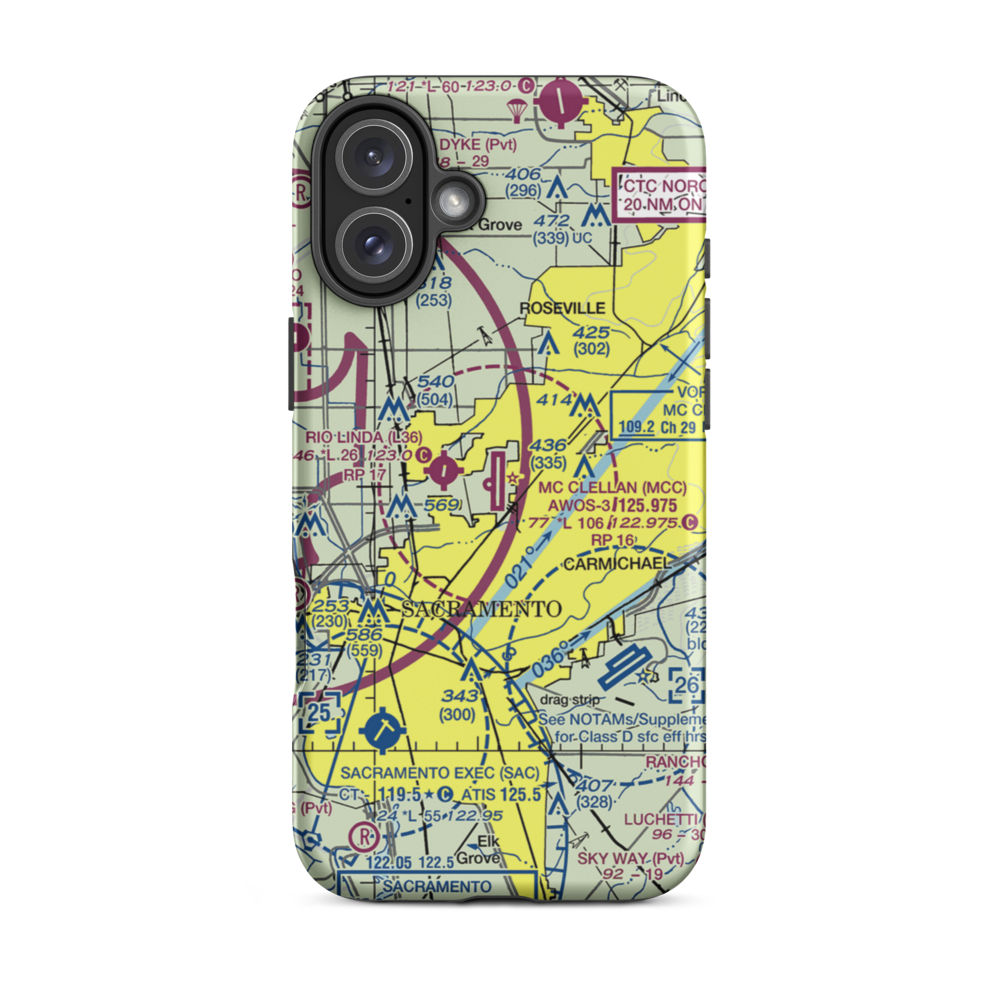 Mc Clellan Airfield (MCC) VFR Sectional  Tough iPhone Case iPhone 16 Plus model shown