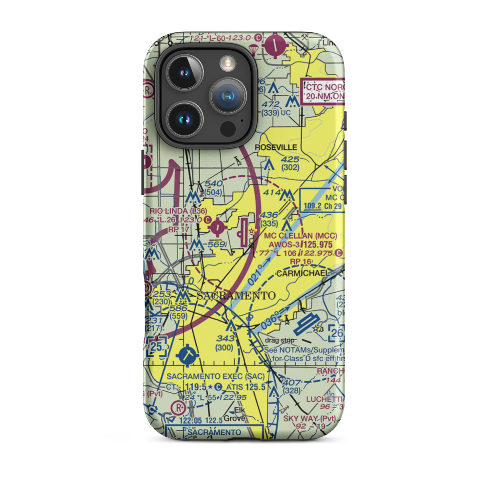 Mc Clellan Airfield (MCC) VFR Sectional  Tough iPhone Case iPhone 16 Pro Max model shown