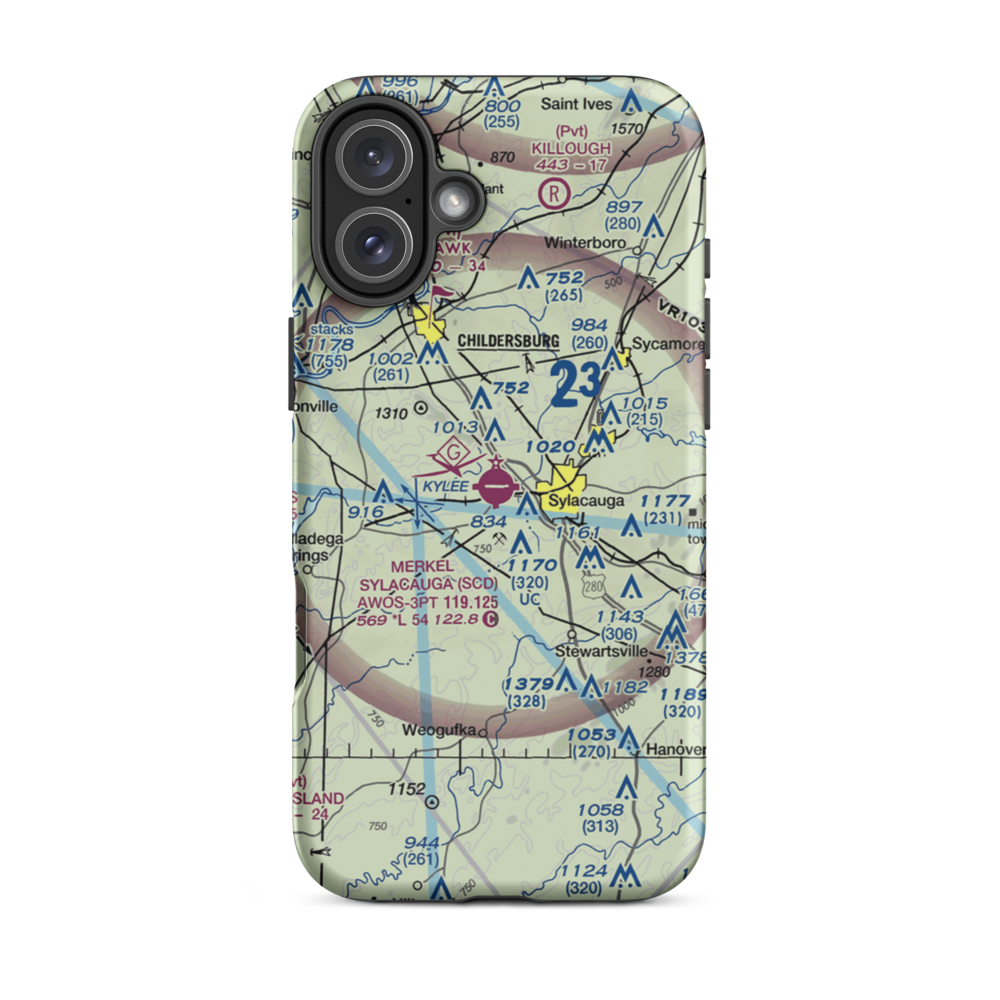 Merkel Field Sylacauga Municipal Airport (SCD) VFR Sectional  Tough iPhone Case iPhone 16 Plus model shown