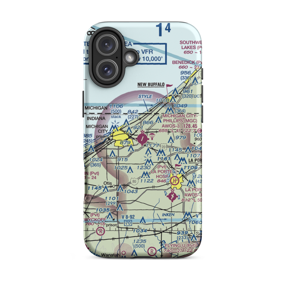 Michigan City Municipal Airport (MGC) VFR Sectional  Tough iPhone Case iPhone 16 Plus model shown
