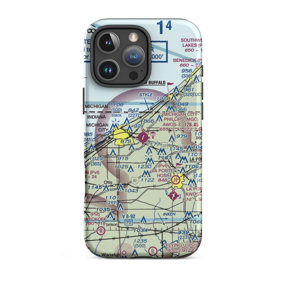 Michigan City Municipal Airport (MGC) VFR Sectional  Tough iPhone Case iPhone 16 Pro Max model shown