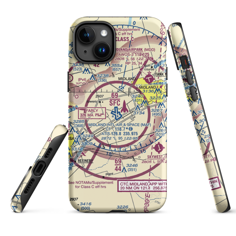 Midland International Airport (MAF) VFR Sectional  Tough iPhone Case iPhone 15 Plus model shown