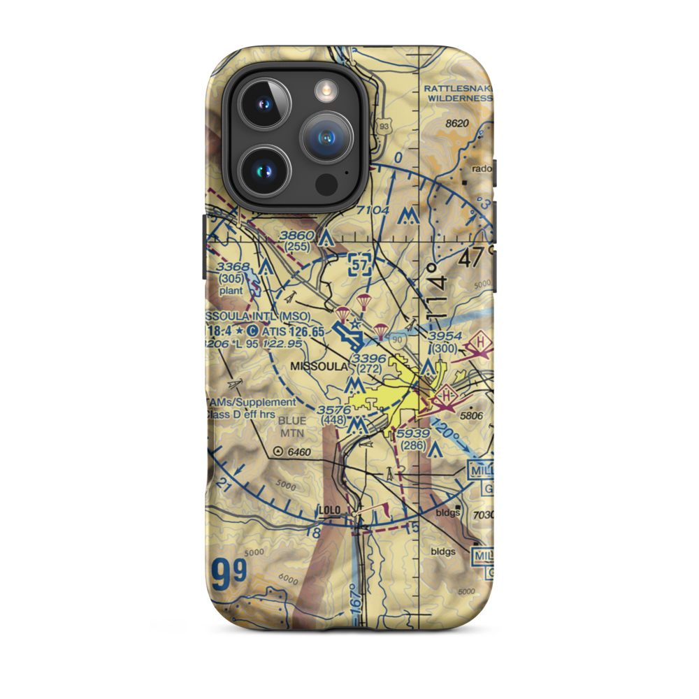 Missoula International Airport (MSO) VFR Sectional  Tough iPhone Case iPhone 16 Pro Max model shown