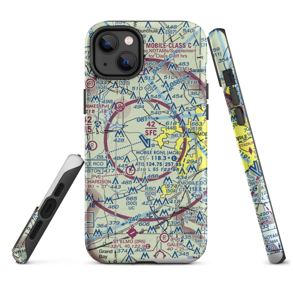 Mobile Regional Airport (MOB) VFR Sectional  Tough iPhone Case iPhone 14 Plus model shown