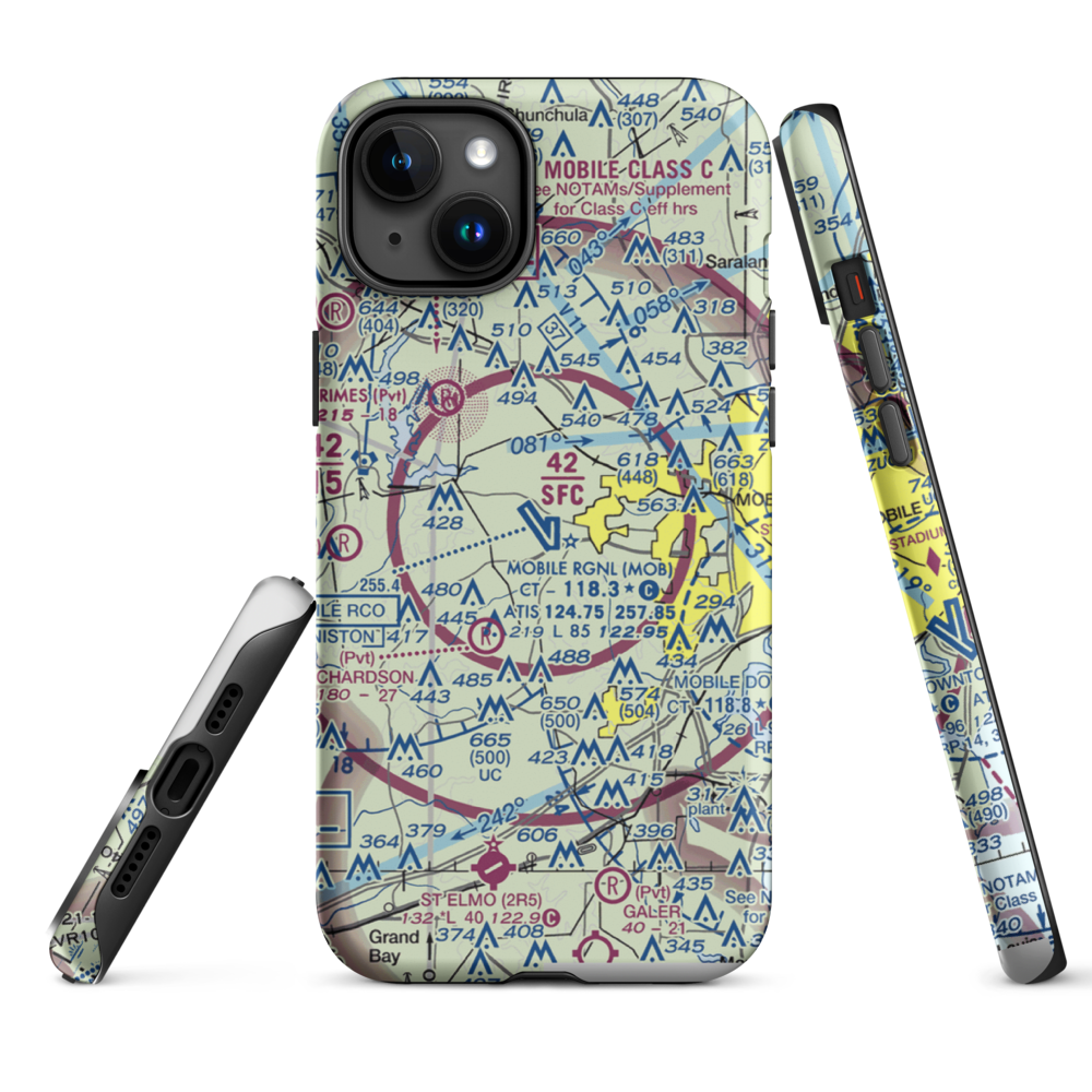 Mobile Regional Airport (MOB) VFR Sectional  Tough iPhone Case iPhone 15 Plus model shown