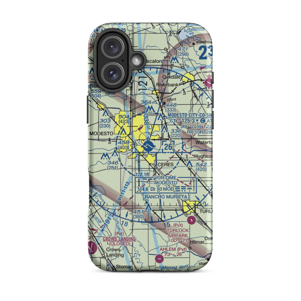 Modesto City Co-Harry Sham Field (MOD) VFR Sectional  Tough iPhone Case iPhone 16 Plus model shown