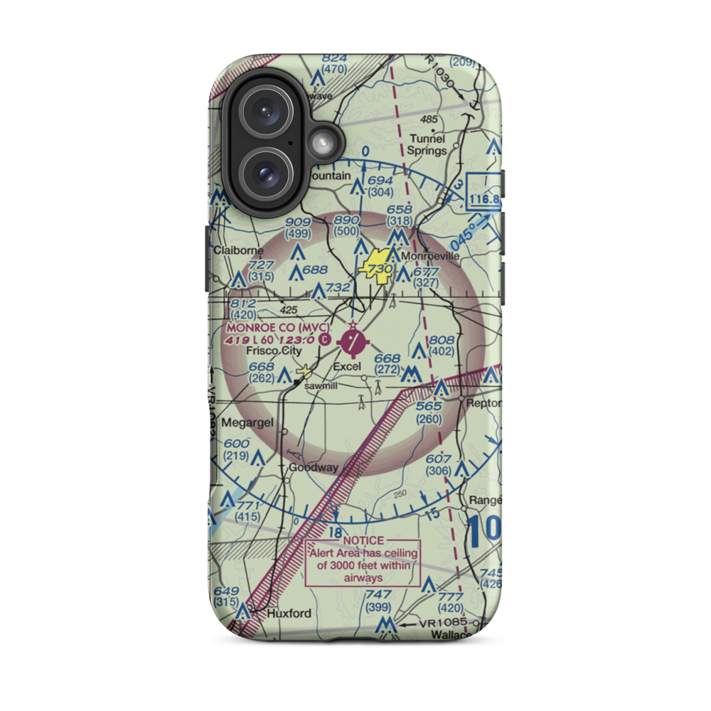 Monroe County Aeroplex Airport (MVC) VFR Sectional  Tough iPhone Case iPhone 16 Plus model shown