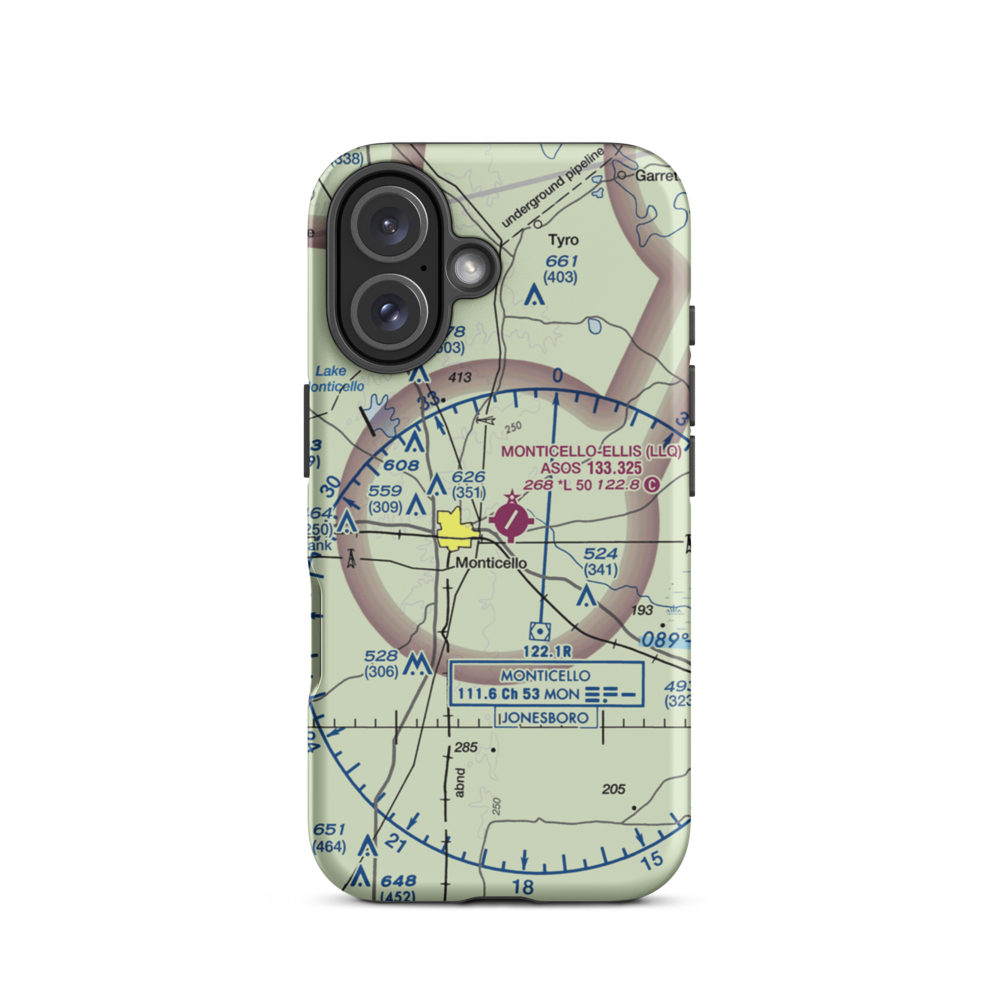 Monticello Municipal Ellis Field (LLQ) VFR Sectional  Tough iPhone Case iPhone 16 model shown