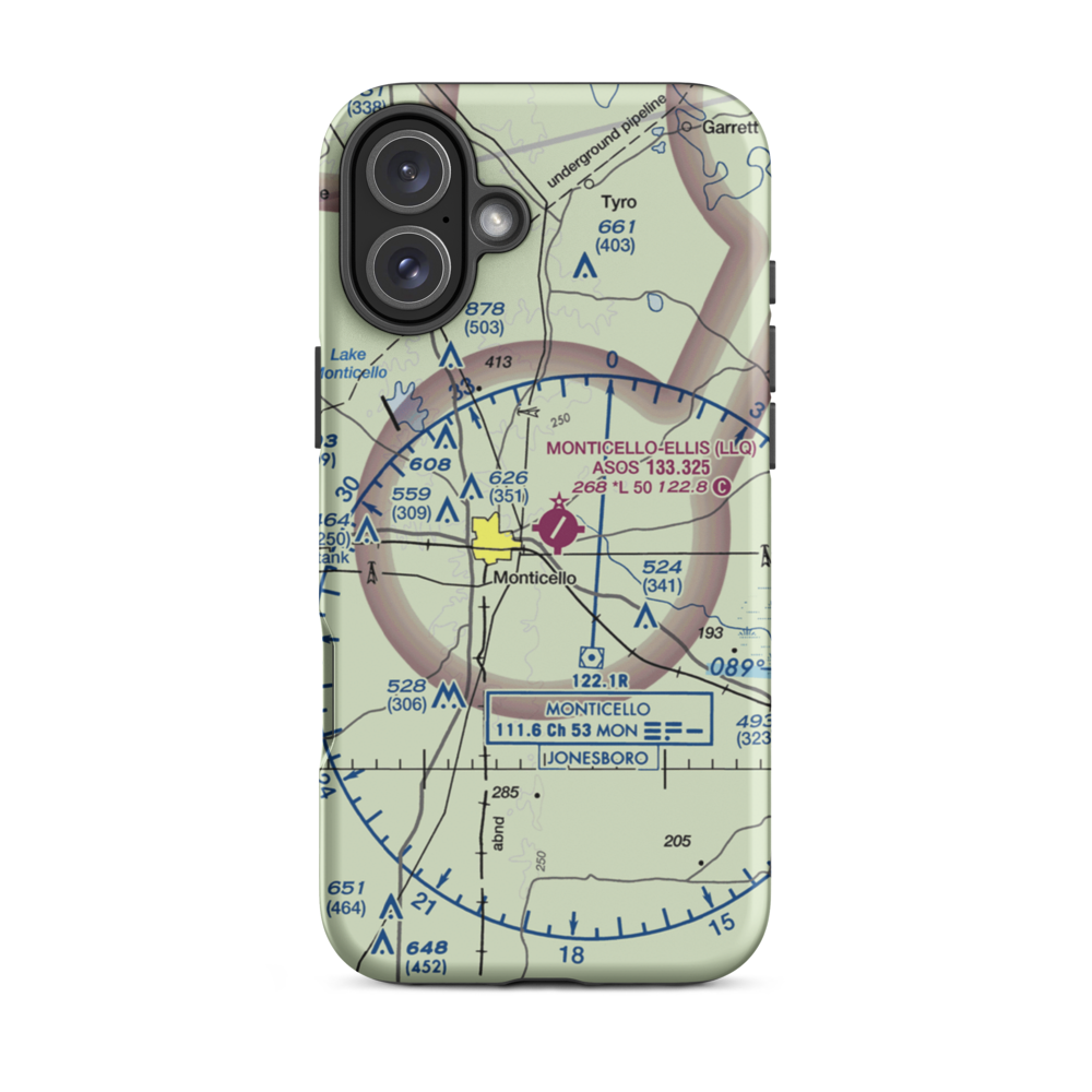 Monticello Municipal Ellis Field (LLQ) VFR Sectional  Tough iPhone Case iPhone 16 Plus model shown