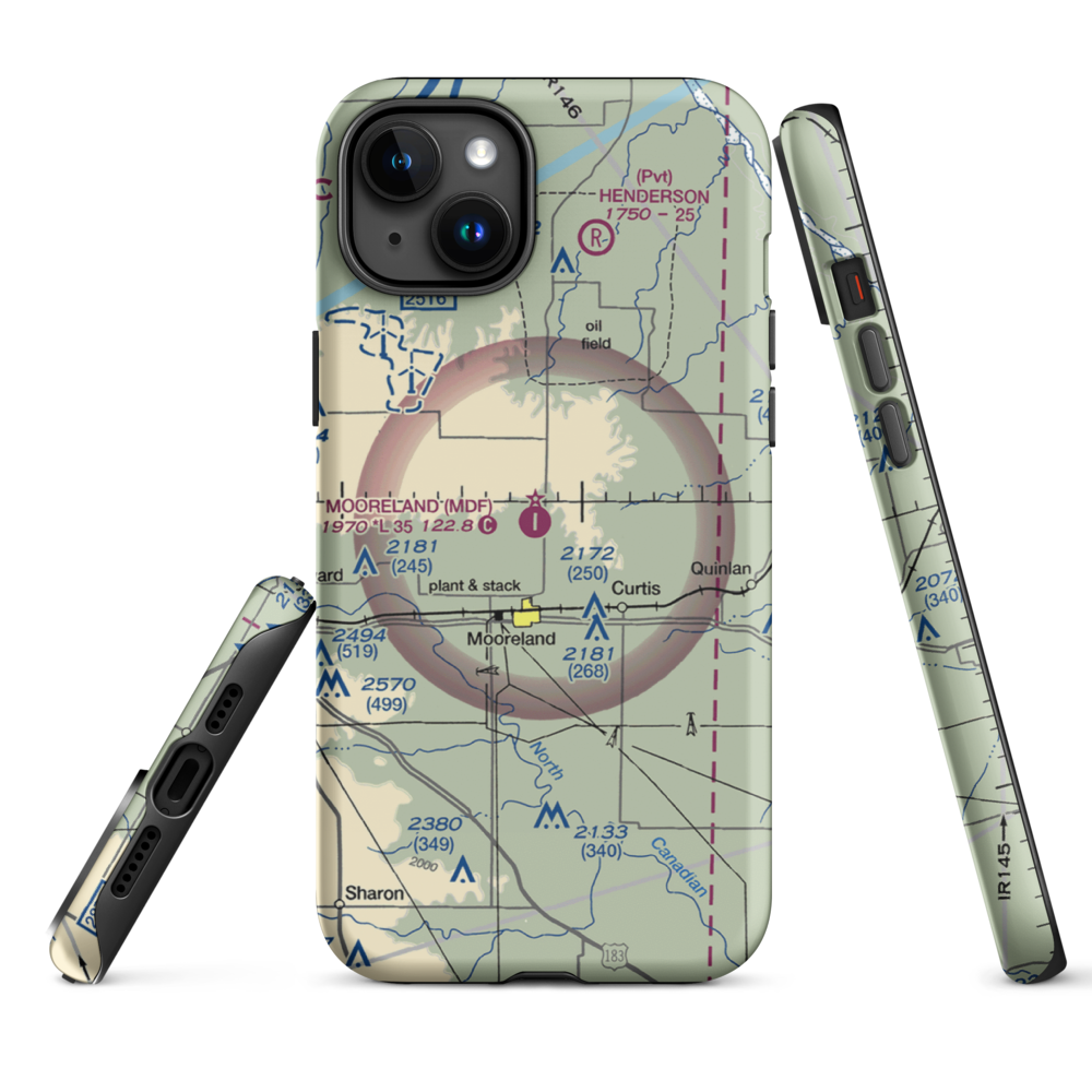 Mooreland Municipal Airport (MDF) VFR Sectional  Tough iPhone Case iPhone 15 Plus model shown