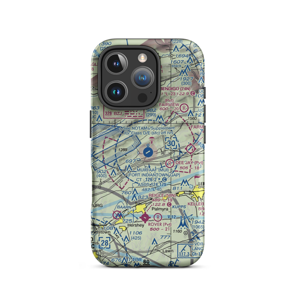 Muir Army Air Field (Fort Indiantown Gap) Airport (MUI) VFR Sectional  Tough iPhone Case iPhone 16 Pro model shown