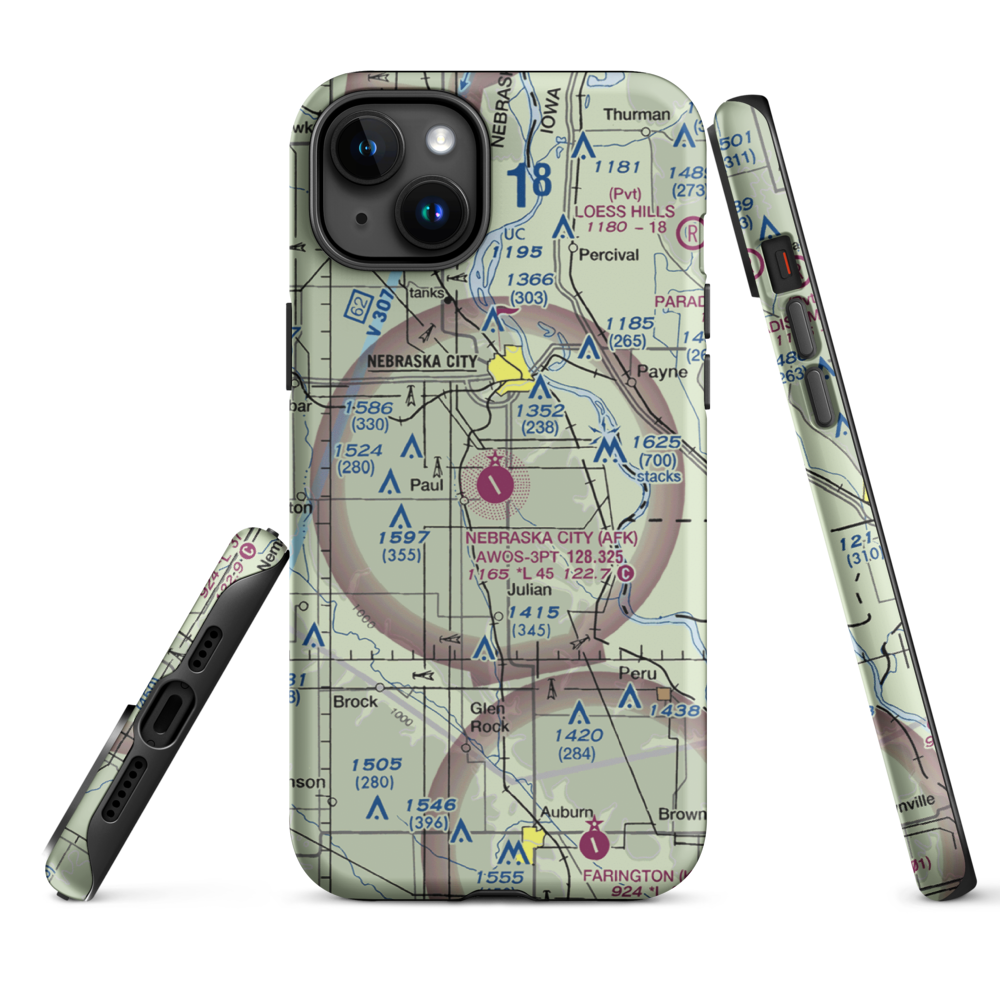 Nebraska City Municipal Airport (AFK) VFR Sectional  Tough iPhone Case iPhone 15 Plus model shown