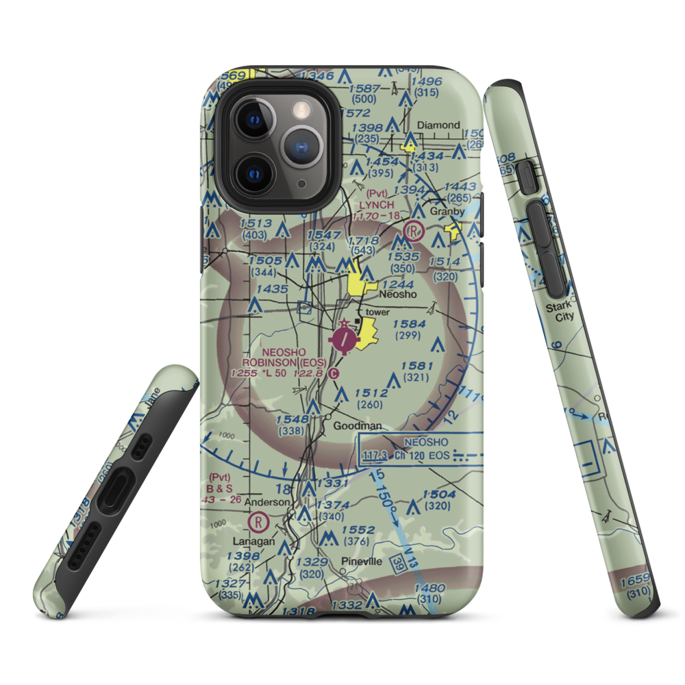 Neosho Hugh Robinson Airport (EOS) VFR Sectional  Tough iPhone Case iPhone 11 Pro model shown