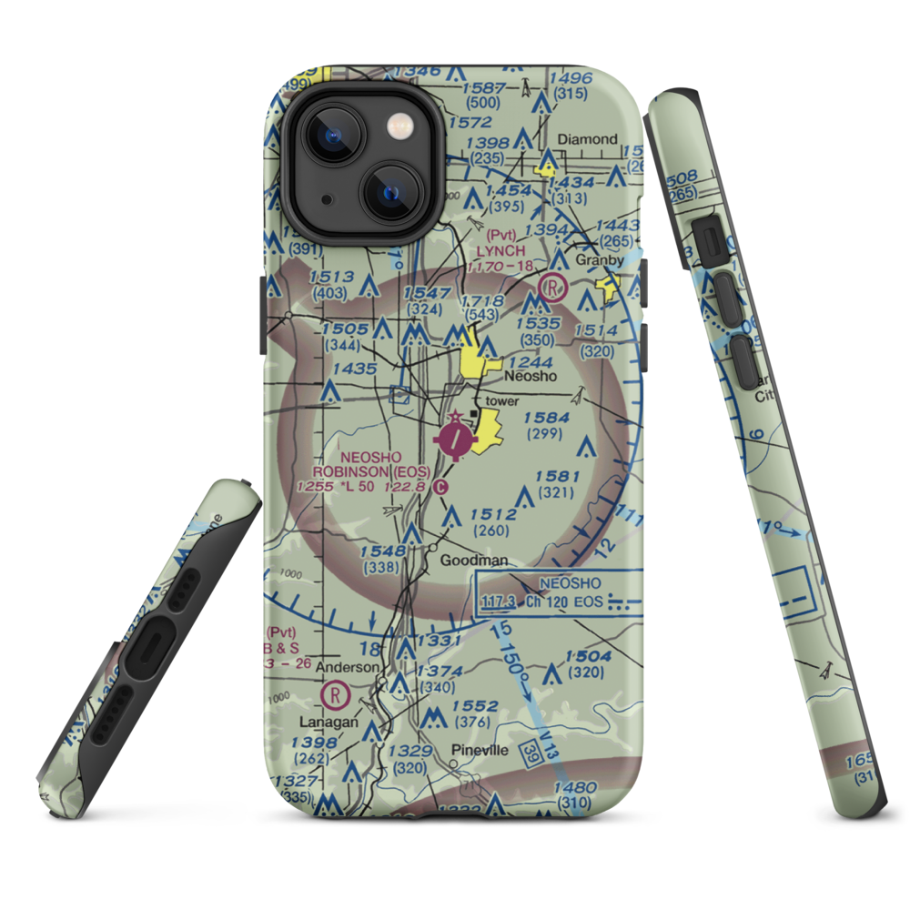 Neosho Hugh Robinson Airport (EOS) VFR Sectional  Tough iPhone Case iPhone 14 Plus model shown